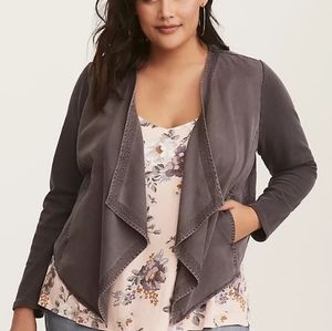 Torrid Grey Knit to Woven Drape Front Jacket